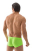 mens swimwear square cut boxer style swimsuit in ThinSKINZ Neon Lime semi sheer; Extreme Low Square Cut Swim Trunks in ThinSKINZ Neon Lime, Rear View; Extreme L
