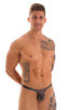 T Back Thong Swimsuit - Bravura Pouch in Aquarious Print on Mesh, Front View; T Back Thong Swimsuit - Bravura Pouch in Aquarious Print on Mesh, Rear View; Mens