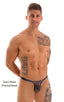 T Back Thong Swimsuit - Bravura Pouch in Aquarious Print on Mesh, Front View; T Back Thong Swimsuit - Bravura Pouch in Aquarious Print on Mesh, Rear View; Mens