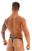 T Back Thong Swimsuit - Bravura Pouch in Aquarious Print on Mesh, Front View; T Back Thong Swimsuit - Bravura Pouch in Aquarious Print on Mesh, Rear View; Mens