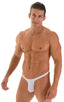 T Back Thong Swimsuit - Bravura Pouch in White PowerNet nylonlycra, Front View; T Back Thong Swimsuit - Bravura Pouch in White PowerNet nylonlycra, Rear View; T
