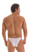 Stuffit Pouch Half Back Tanning Swimsuit in Super ThinSKINZ White, Front View; Stuffit Pouch Half Back Tanning Swimsuit in Super ThinSKINZ White, Rear View; Stu
