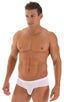 Pouch Brief Swimsuit in White Powernet and Super ThinSKINZ White, Front View; Pouch Brief Swimsuit in White Powernet and Super ThinSKINZ White, Rear View; Pouch
