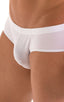 Pouch Brief Swimsuit in White Powernet and Super ThinSKINZ White, Front View; Pouch Brief Swimsuit in White Powernet and Super ThinSKINZ White, Rear View; Pouch