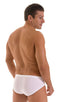 Pouch Brief Swimsuit in White Powernet and Super ThinSKINZ White, Front View; Pouch Brief Swimsuit in White Powernet and Super ThinSKINZ White, Rear View; Pouch
