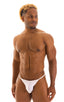 mens smooth pouch string side t back thong sexy swimsuit bikini in sheer White; Smooth Pouch Skinny Sides Swim Thong in Super ThinSKINZ White, Rear View; Smooth