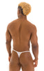 mens smooth pouch string side t back thong sexy swimsuit bikini in sheer White; Smooth Pouch Skinny Sides Swim Thong in Super ThinSKINZ White, Rear View; Smooth