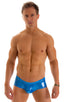 Pouch Enhanced Micro Square Cut Swim Trunks in Ice Karma Electric Blue, Front View; Pouch Enhanced Micro Square Cut Swim Trunks in Ice Karma Electric Blue, Rear