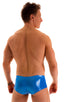 Pouch Enhanced Micro Square Cut Swim Trunks in Ice Karma Electric Blue, Front View; Pouch Enhanced Micro Square Cut Swim Trunks in Ice Karma Electric Blue, Rear