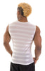 Sleeveless Lycra Muscle Tee in White Satin Stripe Mesh, Front View; Sleeveless Lycra Muscle Tee in White Satin Stripe Mesh, Rear View; Sleeveless Lycra Muscle T