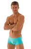 mens swimwear best seller square cut boxer style swimsuit in Aquamarine; Extreme Low Square Cut Swim Trunks in Aquamarine, Rear View; Extreme Low Square Cut Swi