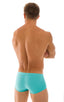 mens swimwear best seller square cut boxer style swimsuit in Aquamarine; Extreme Low Square Cut Swim Trunks in Aquamarine, Rear View; Extreme Low Square Cut Swi