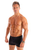 mens square cut best seller black swimsuit boxer trunks skinz swimwear; Mens Square Cut Seamless Swim Trunks in Black tricot-nylon-lycra 2; Mens Square Cut Seam
