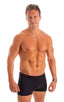 mens square cut best seller black swimsuit boxer trunks skinz swimwear; Mens Square Cut Seamless Swim Trunks in Black tricot-nylon-lycra 2; Mens Square Cut Seam