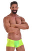 Fitted Pouch - Boxer - Swim Trunks in Neon Lime Yellow, Front View; Fitted Pouch - Boxer - Swim Trunks in Neon Lime Yellow, Rear View; Fitted Pouch - Boxer - Sw