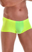 Fitted Pouch - Boxer - Swim Trunks in Neon Lime Yellow, Front View; Fitted Pouch - Boxer - Swim Trunks in Neon Lime Yellow, Rear View; Fitted Pouch - Boxer - Sw
