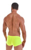Fitted Pouch - Boxer - Swim Trunks in Neon Lime Yellow, Front View; Fitted Pouch - Boxer - Swim Trunks in Neon Lime Yellow, Rear View; Fitted Pouch - Boxer - Sw