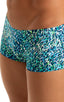 mens swimwear extreme low square cut swimsuit boxer trunks by skinz swimwear in Liquid Leopard; Extreme Low Square Cut Swim Trunks in Liquid Leopard 2; Extreme