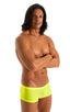 mens swimwear extreme low square cut swimsuit boxer trunks by skinz swimwear in Semi Sheer Super ThinSKINZ Lemon-Lime; Extreme Low Square Cut Swim Trunks in Sem