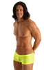 mens swimwear extreme low square cut swimsuit boxer trunks by skinz swimwear in Semi Sheer Super ThinSKINZ Lemon-Lime; Extreme Low Square Cut Swim Trunks in Sem