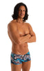 mens swimwear extreme low square cut swimsuit boxer trunks by skinz swimwear in Tan Through Aqua Leopard; Extreme Low Square Cut Swim Trunks in Tan Through Aqua