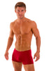 Square Cut Seamless Swim Trunks in Semi Sheer ThinSKINZ Lipstick Red, Front View; Square Cut Seamless Swim Trunks in Semi Sheer ThinSKINZ Lipstick Red, Rear Vie