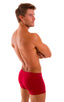 Square Cut Seamless Swim Trunks in Semi Sheer ThinSKINZ Lipstick Red, Front View; Square Cut Seamless Swim Trunks in Semi Sheer ThinSKINZ Lipstick Red, Rear Vie