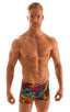 Square Cut Seamless Swim Trunks in Tan Through Technicolor, Front View; Square Cut Seamless Swim Trunks in Tan Through Technicolor, Rear View; Square Cut Seamle