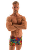 Square Cut Seamless Swim Trunks in Tan Through Technicolor, Front View; Square Cut Seamless Swim Trunks in Tan Through Technicolor, Rear View; Square Cut Seamle