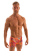 Square Cut Seamless Swim Trunks in Tan Through Orange Jungle, Front View; Square Cut Seamless Swim Trunks in Tan Through Orange Jungle, Rear View; Square Cut Se