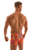 Square Cut Seamless Swim Trunks in Tan Through Orange Jungle, Front View; Square Cut Seamless Swim Trunks in Tan Through Orange Jungle, Rear View; Square Cut Se