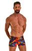 mens square cut swimsuit boxer trunks in by skinz swimwear in Tan Through Rave Up; Square Cut Seamless Swim Trunks in Tan Through Rave Up, Rear View; Square Cut