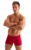 mens swimwear square cut boxer style swimsuit in Ruby Red 1; Square Cut Seamless Swim Trunks in Ruby Red 2; Square Cut Seamless Swim Trunks in Ruby Red 3; Squar