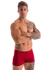 mens swimwear square cut boxer style swimsuit in Ruby Red 1; Square Cut Seamless Swim Trunks in Ruby Red 2; Square Cut Seamless Swim Trunks in Ruby Red 3; Squar