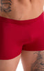 mens swimwear square cut boxer style swimsuit in Ruby Red 1; Square Cut Seamless Swim Trunks in Ruby Red 2; Square Cut Seamless Swim Trunks in Ruby Red 3; Squar