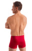 mens swimwear square cut boxer style swimsuit in Ruby Red 1; Square Cut Seamless Swim Trunks in Ruby Red 2; Square Cut Seamless Swim Trunks in Ruby Red 3; Squar