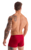 mens swimwear square cut boxer style swimsuit in Ruby Red 1; Square Cut Seamless Swim Trunks in Ruby Red 2; Square Cut Seamless Swim Trunks in Ruby Red 3; Squar