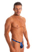mens micro thong swimsuit tanga skinz t back bathing suit in Laser Blue Lightning; Mens Thong Swimsuit - Bravura Pouch in Laser Blue Lightning 2; Mens Thong Sw