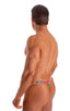mens micro thong swimsuit tanga skinz t back bathing suit in Semi Sheer Hibiscus Print on Mesh; Mens Thong Swimsuit - Bravura Pouch in Semi Sheer Hibiscus Prin