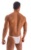 mens maximum tanning micro swimsuit bikini skinz swimwear in sheer white; Sunseeker2 Tanning Swimsuit in Super ThinSKINZ White, Rear View; Sunseeker2 Tanning Sw