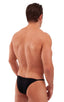 mens super low brazilian bikini in black skinz man swimsuit; Super Low Brazilian Bikini in Black tricot-nylon-lycra, Rear View; Super Low Brazilian Bikini in Bl