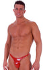 Smooth Pouch - T Back Thong Swimsuit in Gloss Red Stretch Vinyl, Front View; Smooth Pouch - T Back Thong Swimsuit in Gloss Red Stretch Vinyl, Rear View; Smooth