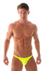 mens micro pouch bikini swimsuit in Chartreuse; Stuffit Pouch Bikini Swimsuit in Chartreuse, Rear View; Stuffit Pouch Bikini Swimsuit in Chartreuse, Front Alter