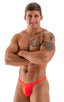 mens seamless skimpy bikini swimsuit half back skinz swimwear in Blazing Orange; Bodybuilder Posing Suit - Narrow Back in Blazing Orange, Rear View; Bodybuilder