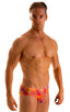Pouch Brief Swimsuit in Tan Through Orange Jungle, Front View; Pouch Brief Swimsuit in Tan Through Orange Jungle, Rear View; Pouch Brief Swimsuit in Tan Through