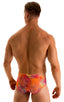 Pouch Brief Swimsuit in Tan Through Orange Jungle, Front View; Pouch Brief Swimsuit in Tan Through Orange Jungle, Rear View; Pouch Brief Swimsuit in Tan Through