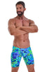 Fitted Pouch Lycra Shorts in Tan Through Tropical Rainforest, Front View; Fitted Pouch Lycra Shorts in Tan Through Tropical Rainforest, Rear View; Fitted Pouch