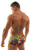 2022 best seller mens swimwear extreme low tan through boxer swimsuit in technicolor print; Extreme Low Square Cut Swim Trunks in Tan Through Technicolor, Rear