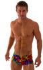 2022 best seller mens swimwear extreme low tan through boxer swimsuit in technicolor print; Extreme Low Square Cut Swim Trunks in Tan Through Technicolor, Rear