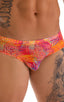 Pouch Brief Swimsuit in Tan Through Orange Jungle, Front View; Pouch Brief Swimsuit in Tan Through Orange Jungle, Rear View; Pouch Brief Swimsuit in Tan Through